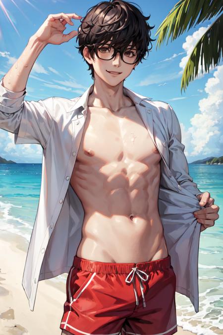 2502158-1621835715-masterpiece, best quality, absurdres, 1boy, solo, AmamiyaRen, glasses, open shirt, swimming trunks, beach scene, smile,.png
